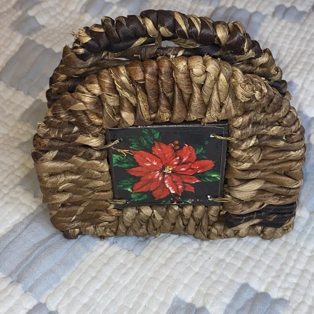 Handmade Wicker Napkin Holder with Floral Christmas Design,‎ Brown Red Green